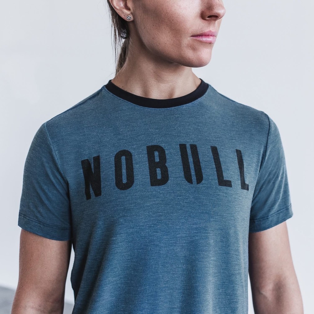 NOBULL Women Heathered Teal Blue Cropped Ringer Training T-Shirt Size M Boxy Tee